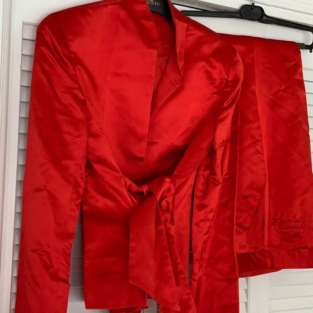Couture Douglass Hannant red silk satin pantsuit